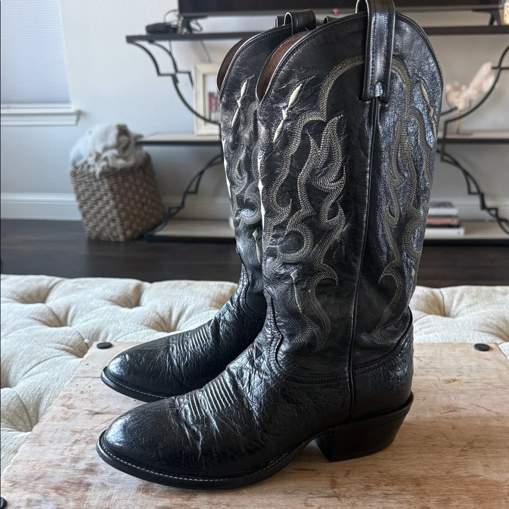 Tony Lama men’s 8.5 EE Black OSTRICH Leather Heeled‎ Boots